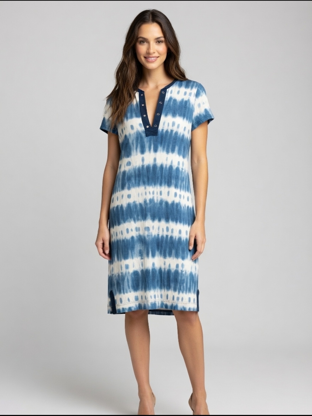 Chaps Blue and White Tie-Dye V-Neck Swim Cover-Up Dress